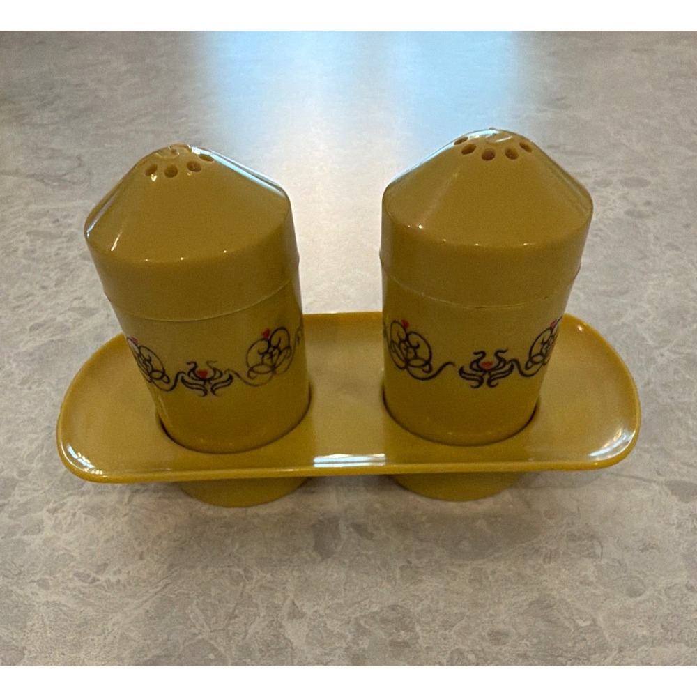 Vintage Fesco Yellow Salt and Pepper Shakers Set with Tray Holder Floral 3pc